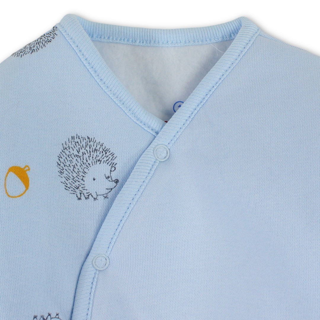 Baby Boys Long-Sleeved Baby Footie – Baby Blue & Petrol Blue with Animal Print