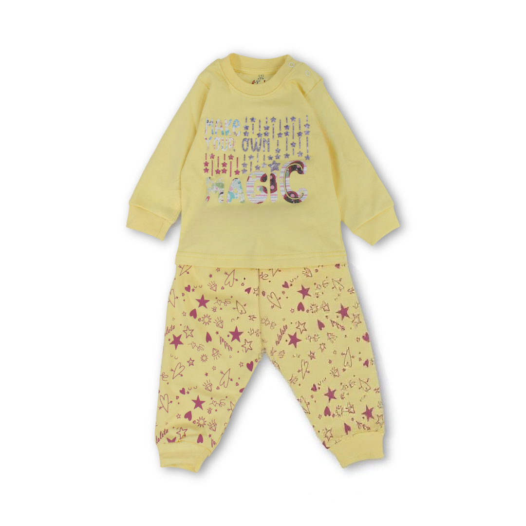 Baby Girls Long-Sleeved Pajama – Mint & Yellow with "Make Your Own Magic" Print