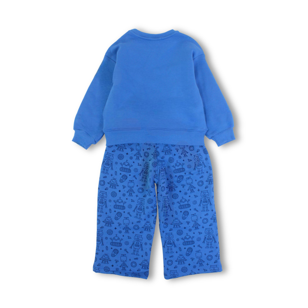 Boys Long-Sleeved Pajama Set – Indigo with "Robot" Print