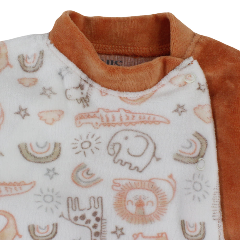 Unisex Baby Cotton Baby Footie – Off-White & Orange with Forest Animals Print