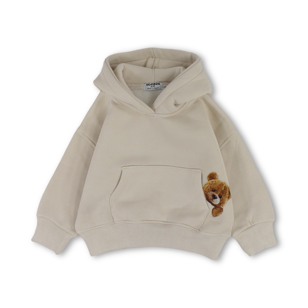 Unisex Hoodie – Beige with Bear Pocket Print