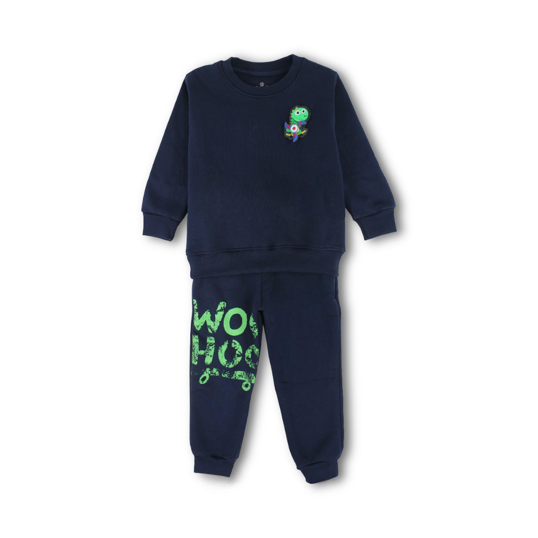 Boys Long-Sleeved Pajama – Navy & Olive with Dinosaur Skating Print