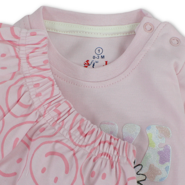 Baby Girls Long-Sleeved Pajama – Pink & Salmon with "Good Day" Print