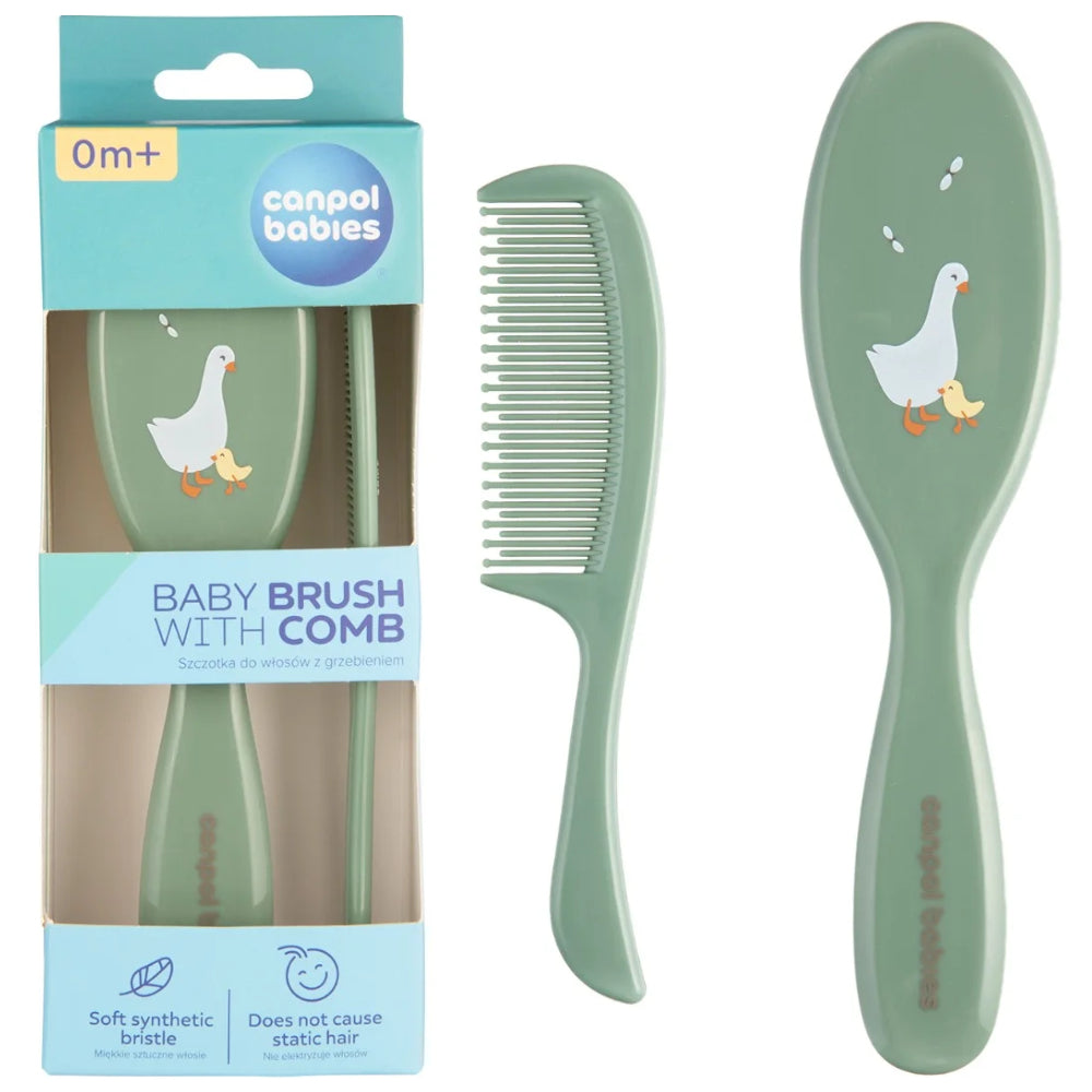Canpol Babies Soft Hair Brush and Comb – Olive with Goose Print