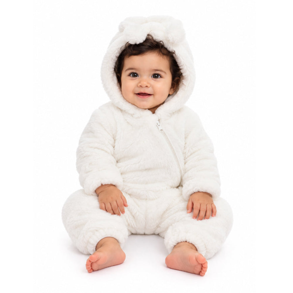Unisex Baby Fleece Hooded Footless Onesie – White