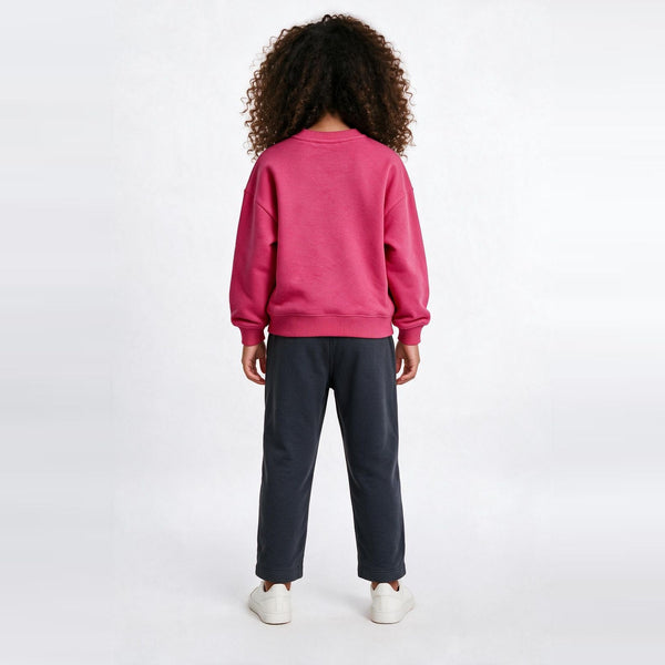 Girls Cotton Milton Sweatshirt – Fuchsia — on model, back 1