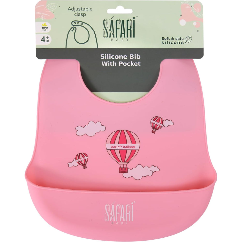 Safari Baby Silicone Bib with Pocket – Pink with Hot Air Balloon Print