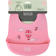 Safari Baby Silicone Bib with Pocket – Pink with Hot Air Balloon Print