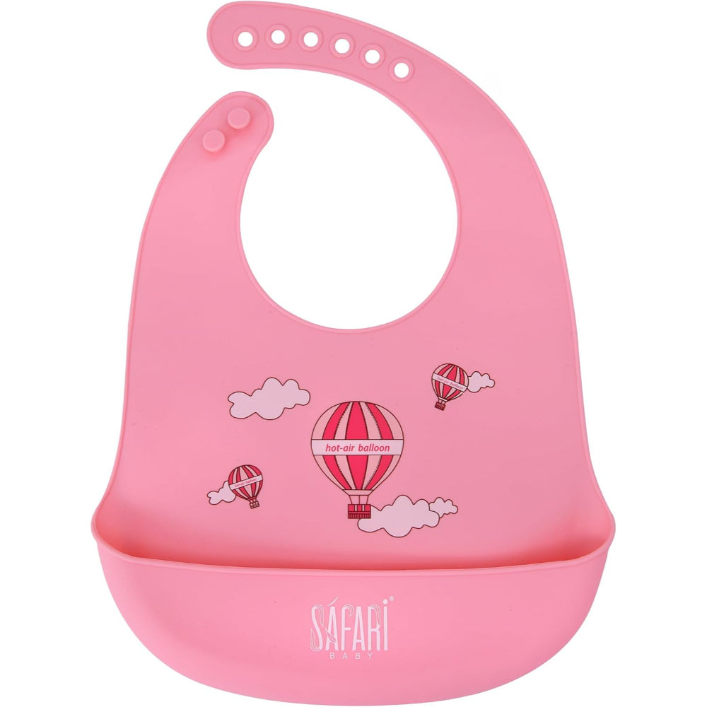 Safari Baby Silicone Bib with Pocket – Pink with Hot Air Balloon Print