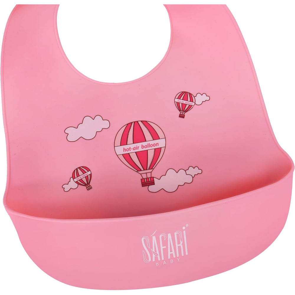 Safari Baby Silicone Bib with Pocket – Pink with Hot Air Balloon Print