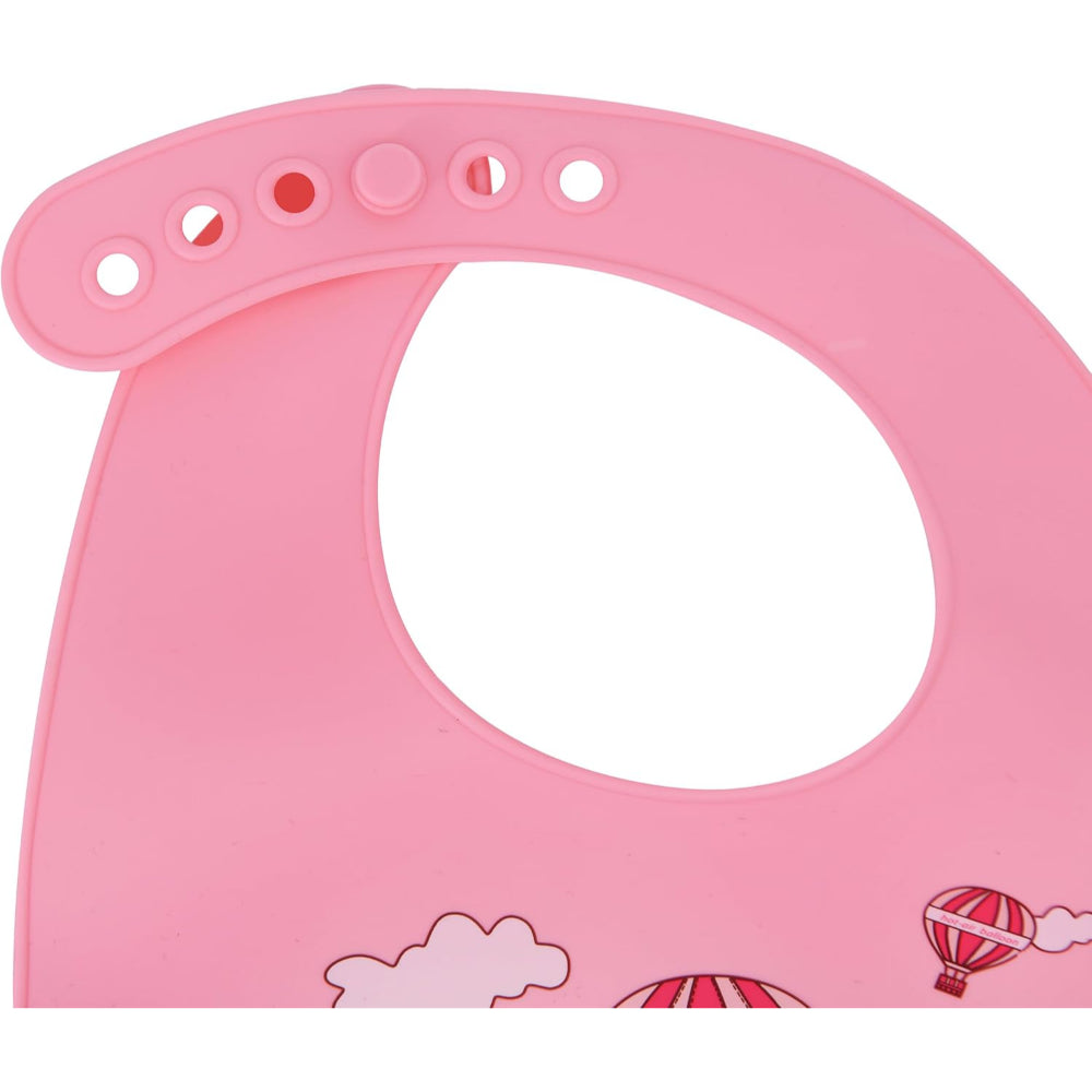 Safari Baby Silicone Bib with Pocket – Pink with Hot Air Balloon Print