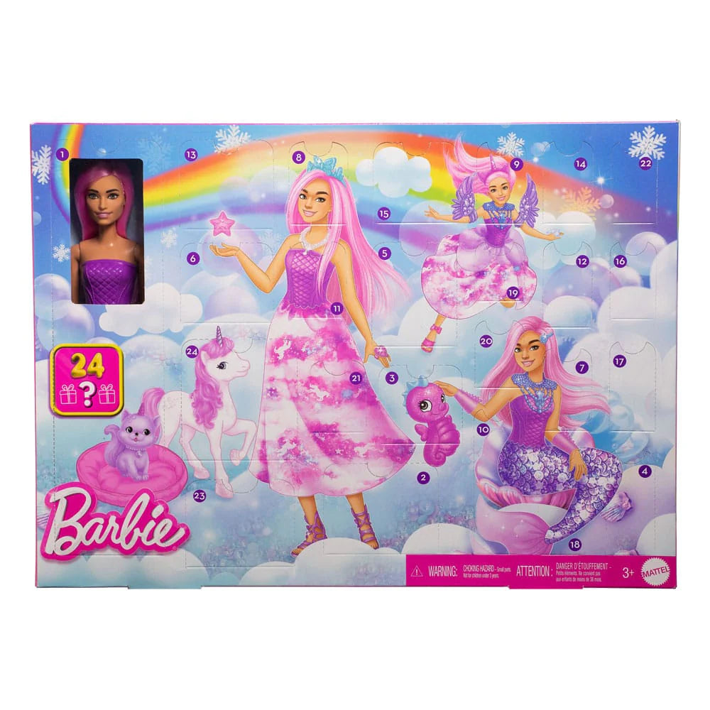 Mattel Barbie Advent Calendar Doll – 24 Accessories Unicorn, Pets, Mermaid Doll and Fairy