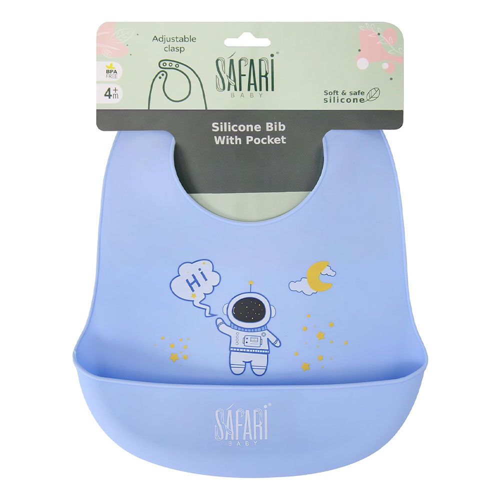 Safari Baby Silicone Bib with Pocket – Baby Blue with Astronaut Print