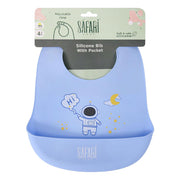 Safari Baby Silicone Bib with Pocket – Baby Blue with Astronaut Print