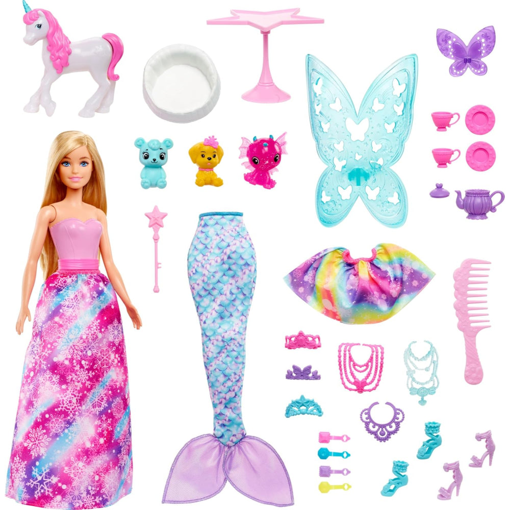 Mattel Barbie Advent Calendar Doll – 24 Accessories Unicorn, Pets, Mermaid Doll and Fairy