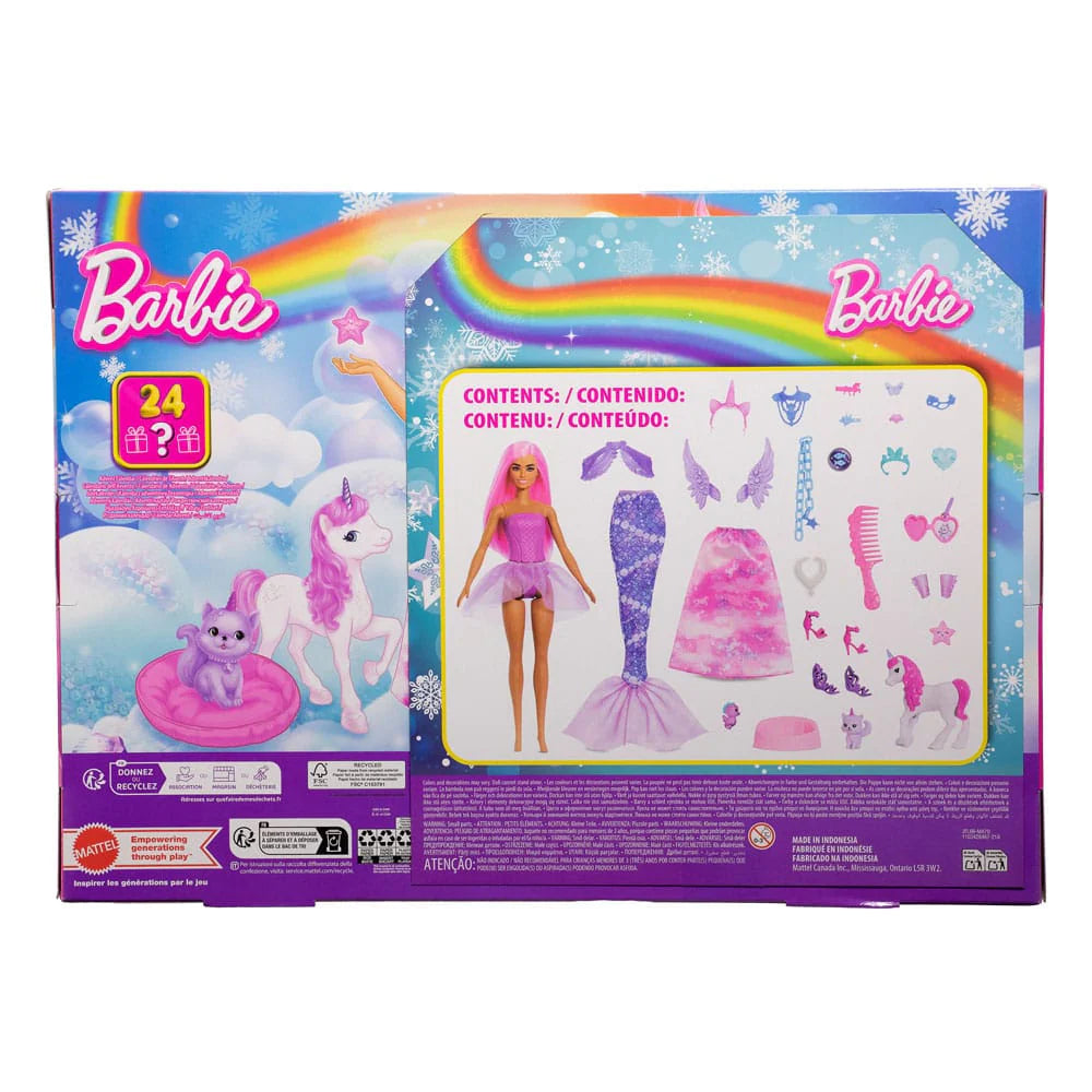Mattel Barbie Advent Calendar Doll – 24 Accessories Unicorn, Pets, Mermaid Doll and Fairy
