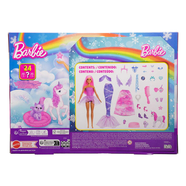 Mattel Barbie Advent Calendar Doll – 24 Accessories Unicorn, Pets, Mermaid Doll and Fairy