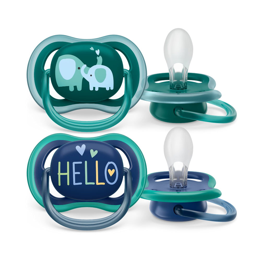 Philips Avent Ultra Air Pacifiers – Elephant and Hello Design (2 Pack, 18m+)