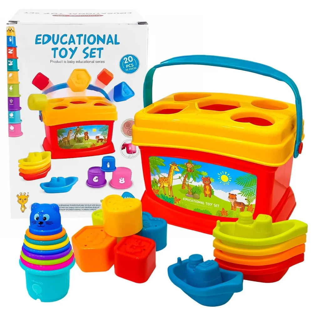 4-in-1 Educational Activity Box with Shape Sorter, Stacking Cups & Boats