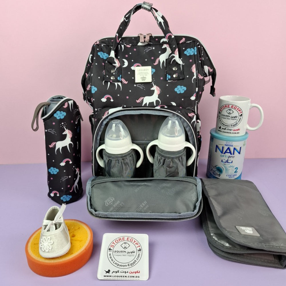 LeQueen Diamond 7th Edition Soft Waterproof Diaper Bag - Black with Unicorn Print