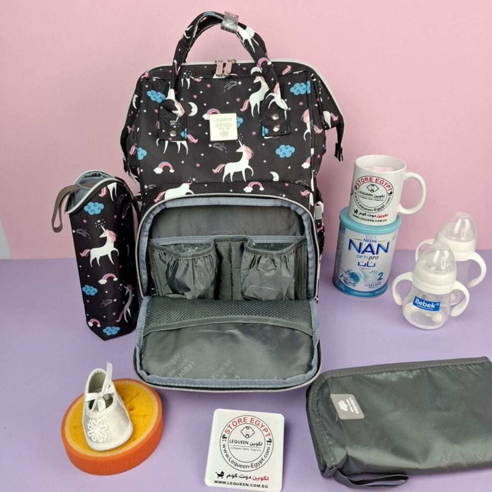 LeQueen Diamond 7th Edition Soft Waterproof Diaper Bag - Black with Unicorn Print
