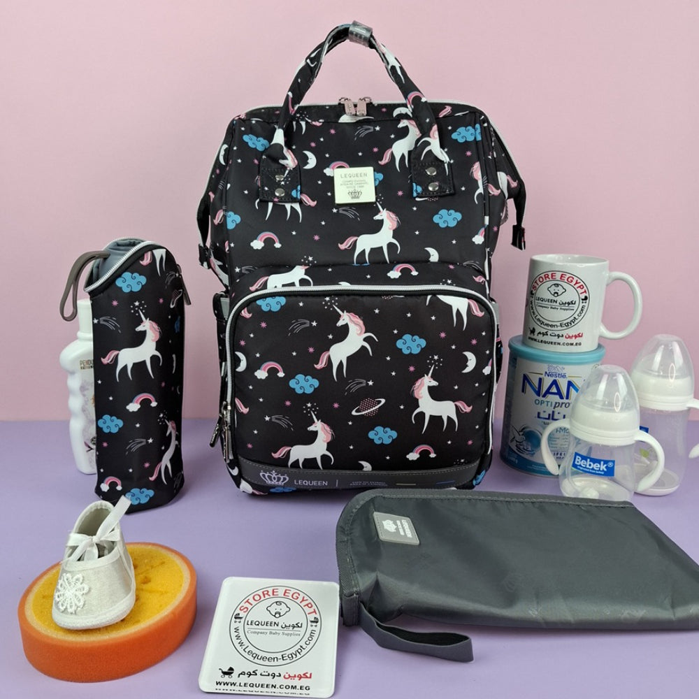 LeQueen Diamond 7th Edition Soft Waterproof Diaper Bag - Black with Unicorn Print