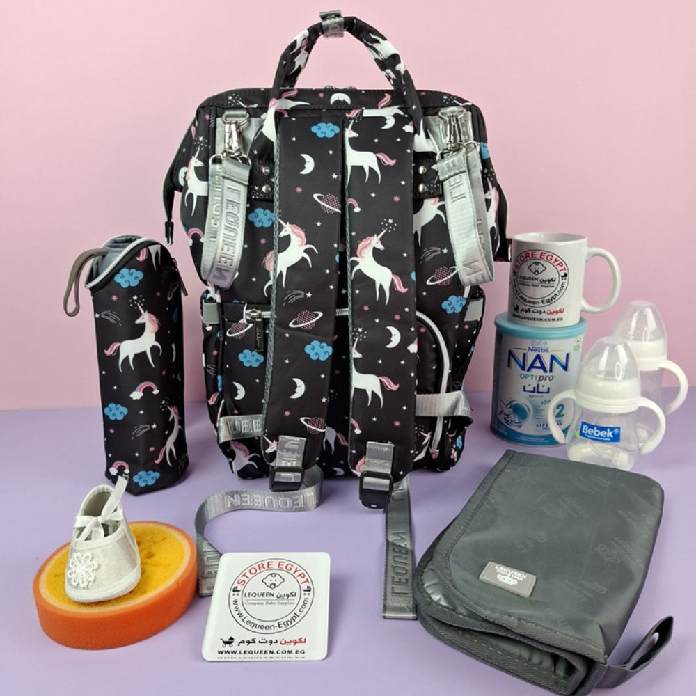 LeQueen Diamond 7th Edition Soft Waterproof Diaper Bag - Black with Unicorn Print