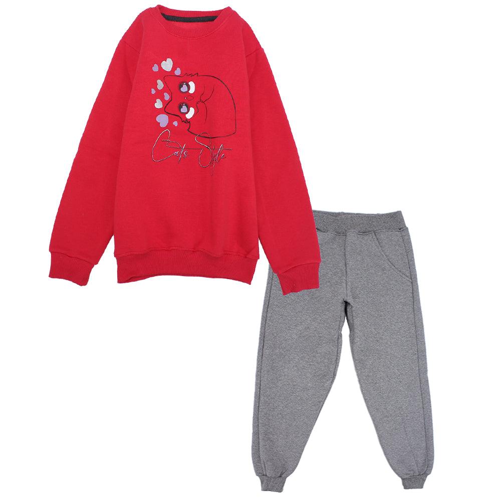 Long-Sleeved Fleeced Lovely Kitten Pajama - Ourkids - Rosso