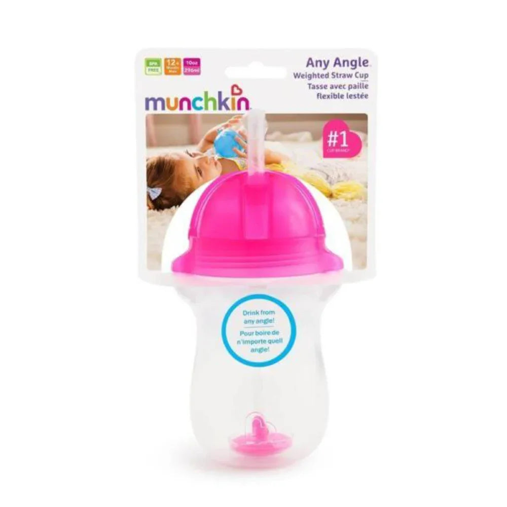 Munchkin Any Angle Click Lock Weighted Straw Trainer Cup 296ml - Pink - Baby Essentials