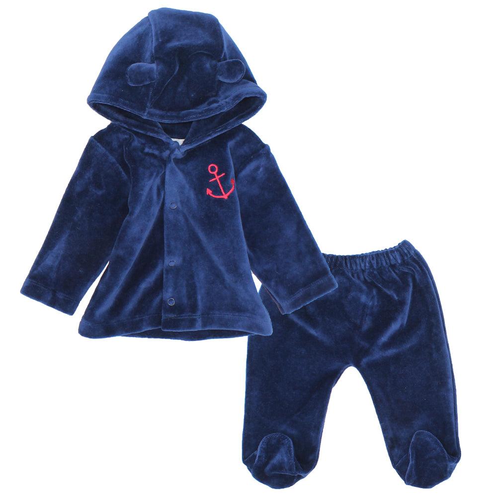 Nautical Navy Long-Sleeved Velvet Hooded Pajama - Ourkids - Ourkids