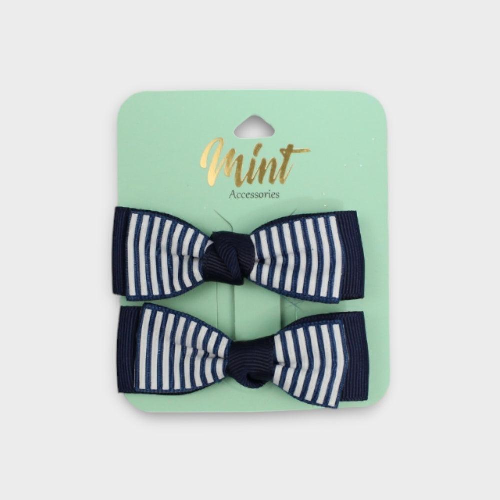 Navy With White Stripes Bow Hair Pin (Pack Of 2) - Ourkids - MINT