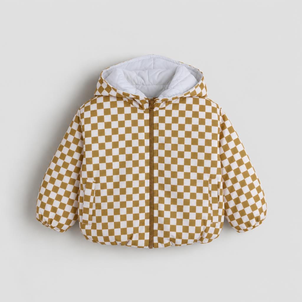 Unisex Baby Waterproof Hooded Jacket – Beige & White Checkered – front