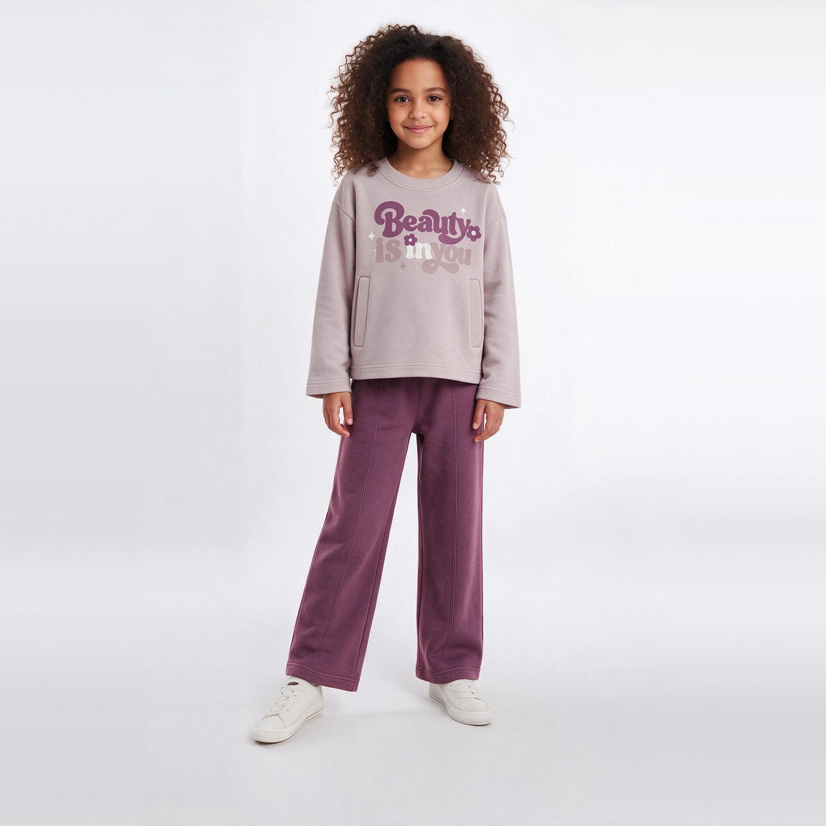 Girls Long-Sleeved Pajama – Dusty Pink with "Beauty Is In You" Print – on model, front