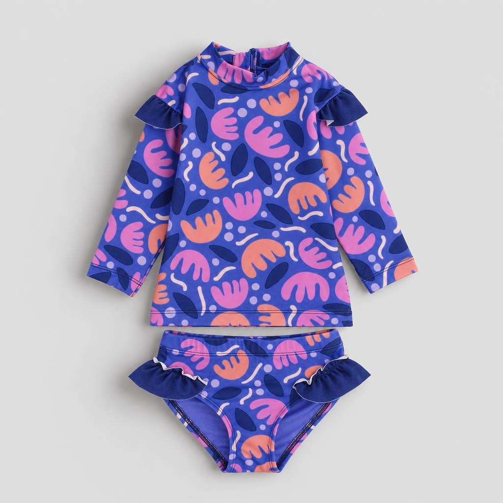 Baby Girls 2-Piece Long-Sleeve Swimsuit – Purple Floral Print – front