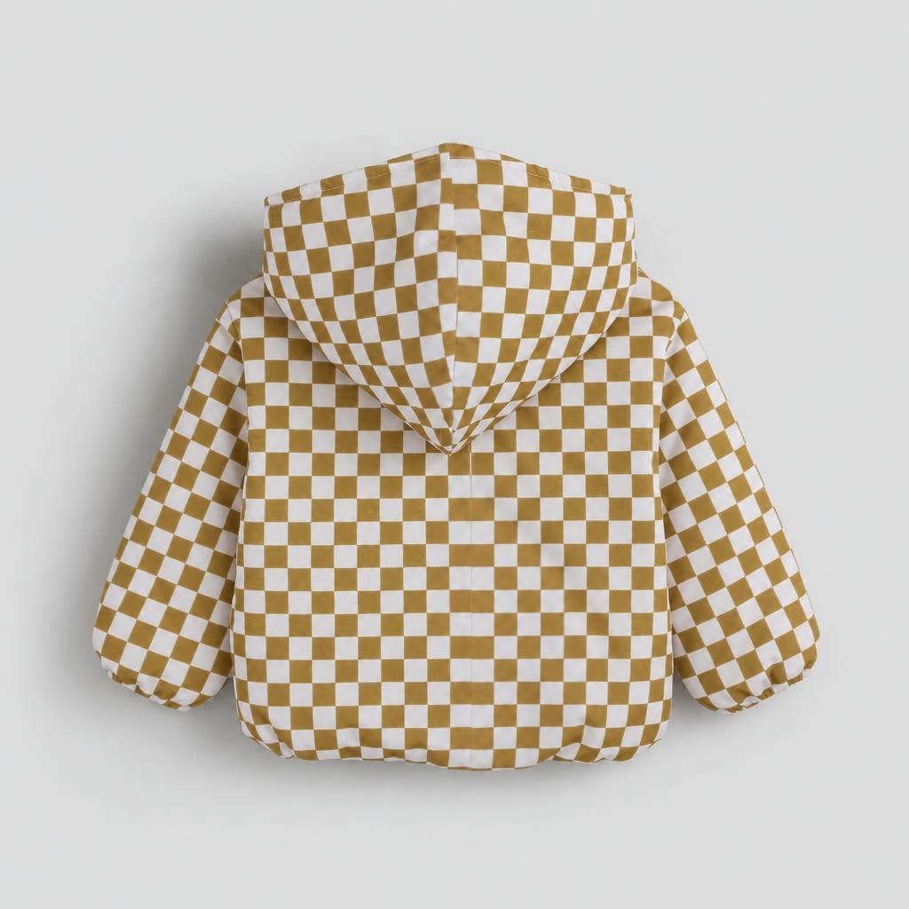 Unisex Baby Waterproof Hooded Jacket – Beige & White Checkered – back