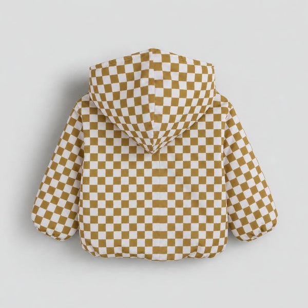 Unisex Baby Waterproof Hooded Jacket – Beige & White Checkered – back