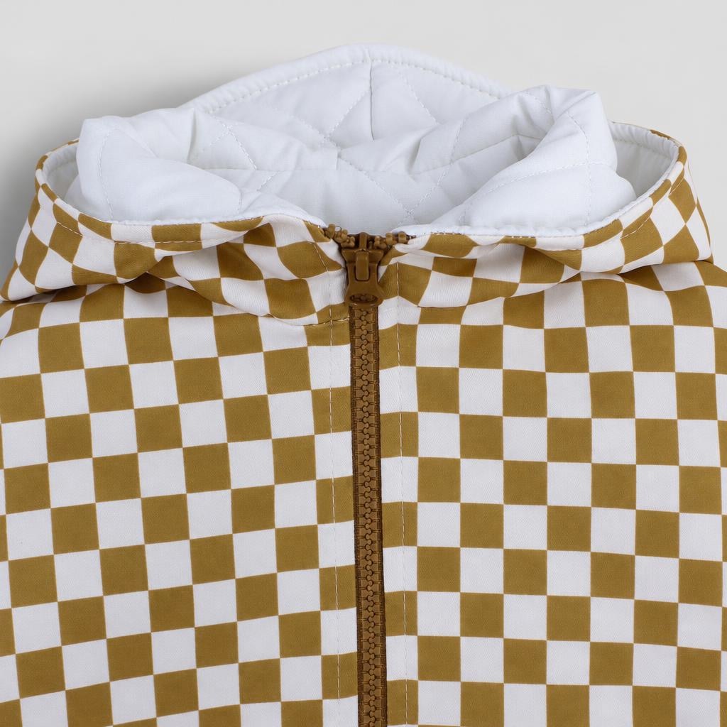 Unisex Baby Waterproof Hooded Jacket – Beige & White Checkered – close-up