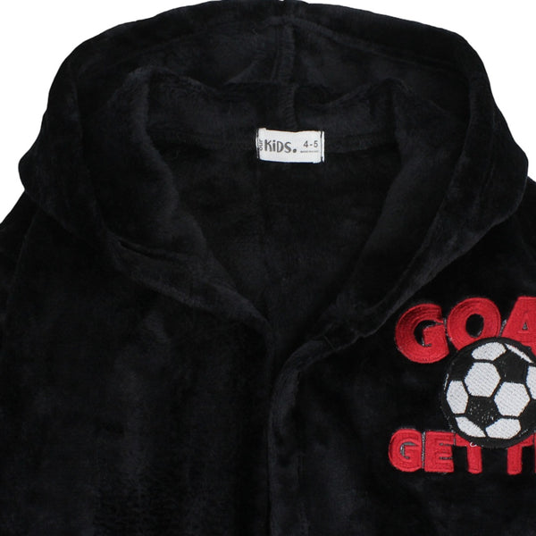 Boys Velvet Hooded Plush Robe – Black with "Goal Getter" Print
