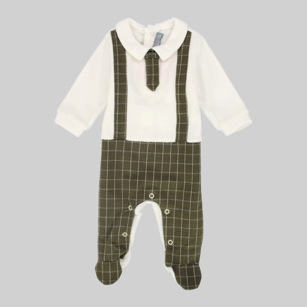 Olive Checkered Long-Sleeved Baby Footie - Ourkids - Pompelo