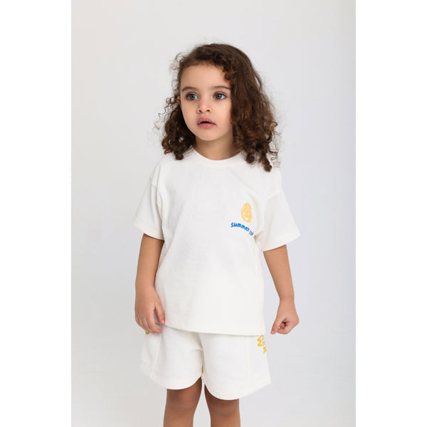Unisex Baby Cotton T-Shirt – Off-White with "Summer Crew" Print