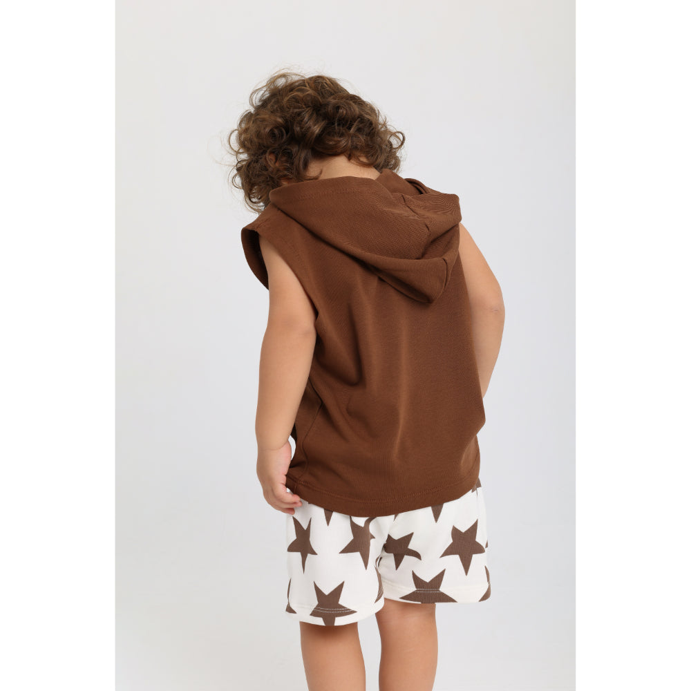 Baby Boys Cotton Hooded Sleeveless T-Shirt – Brown with "Star Athlete" Print