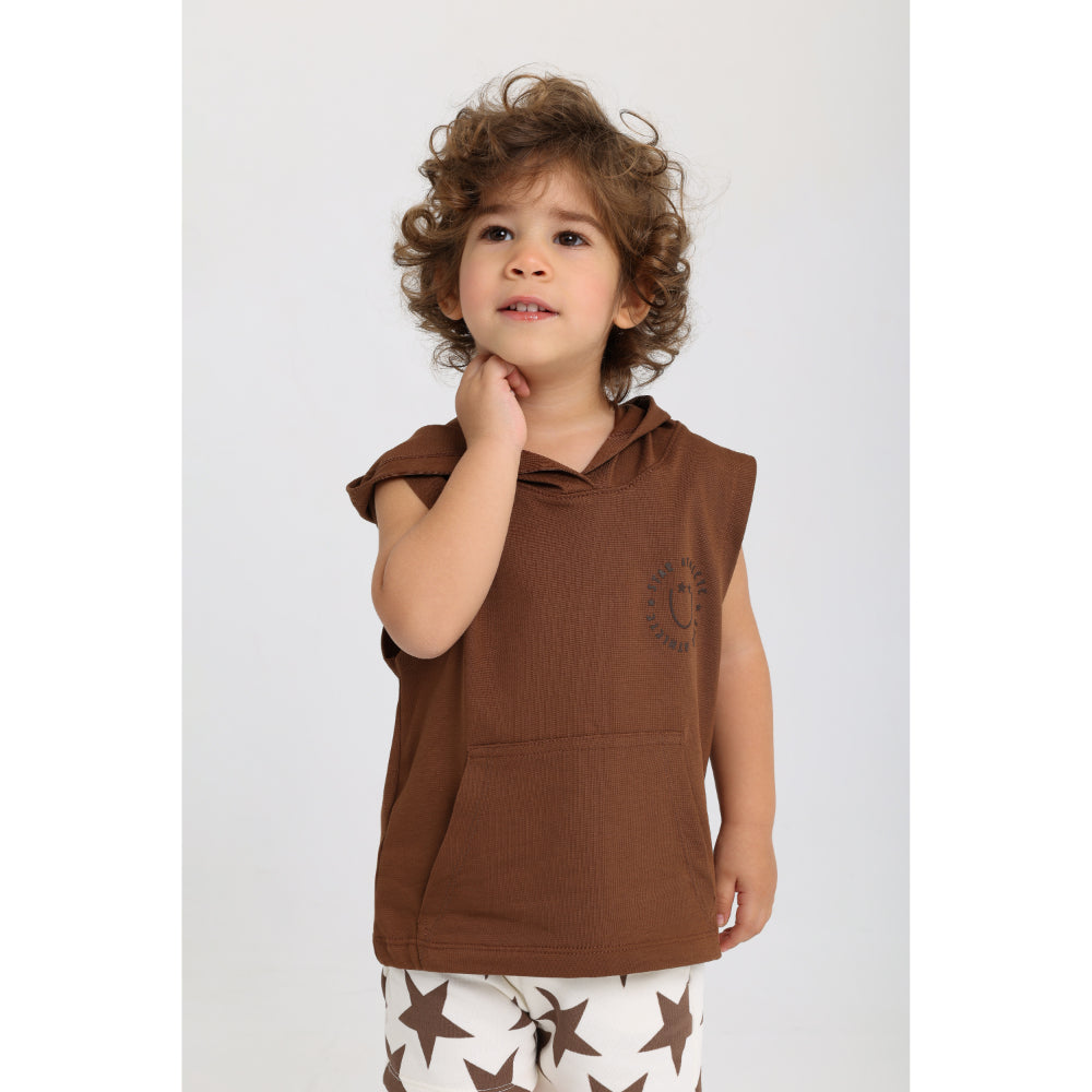 Baby Boys Cotton Hooded Sleeveless T-Shirt – Brown with "Star Athlete" Print