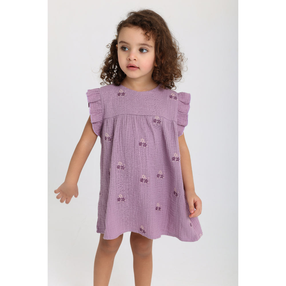 Baby Girls Cotton Dress – Purple with Stars Embroidery