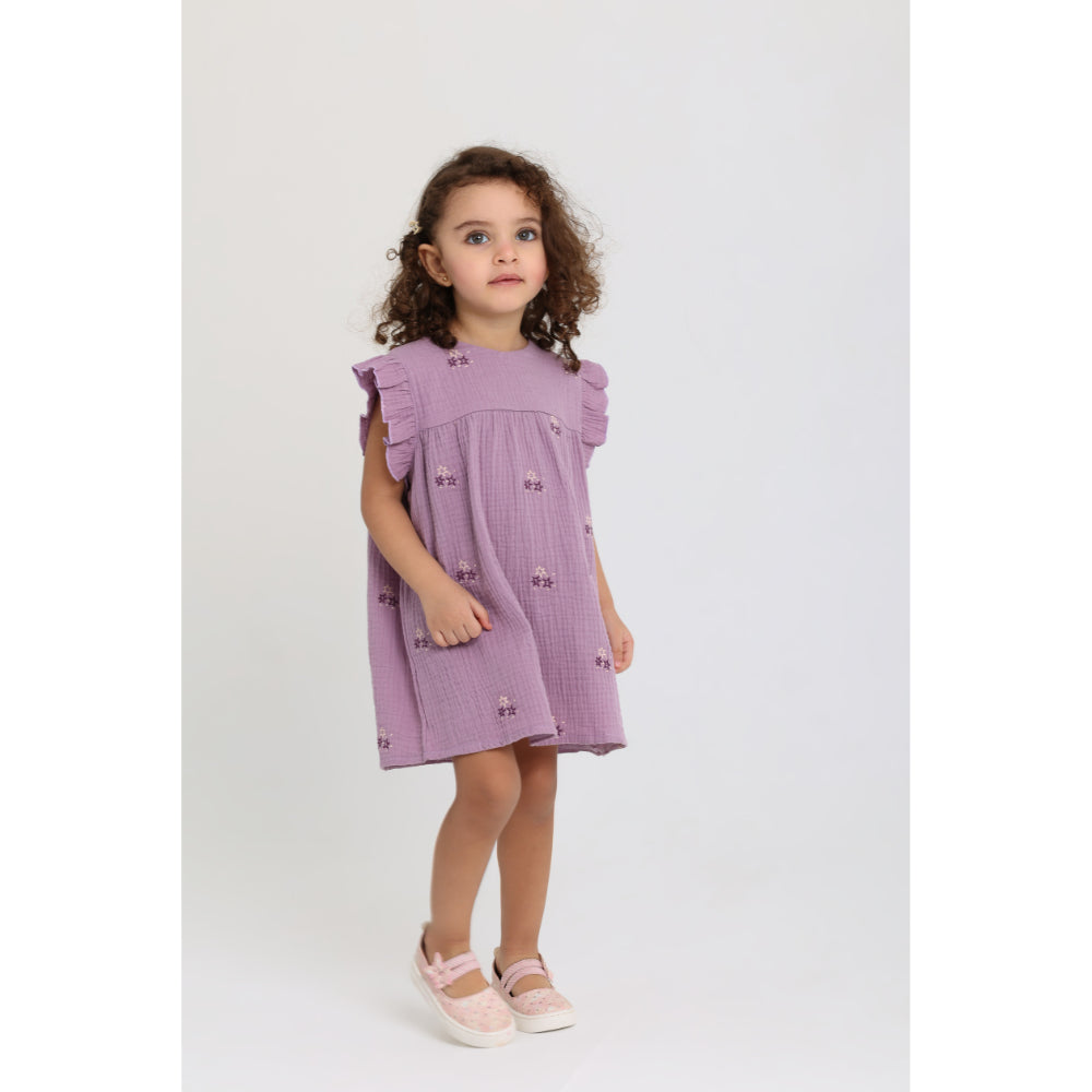 Baby Girls Cotton Dress – Purple with Stars Embroidery