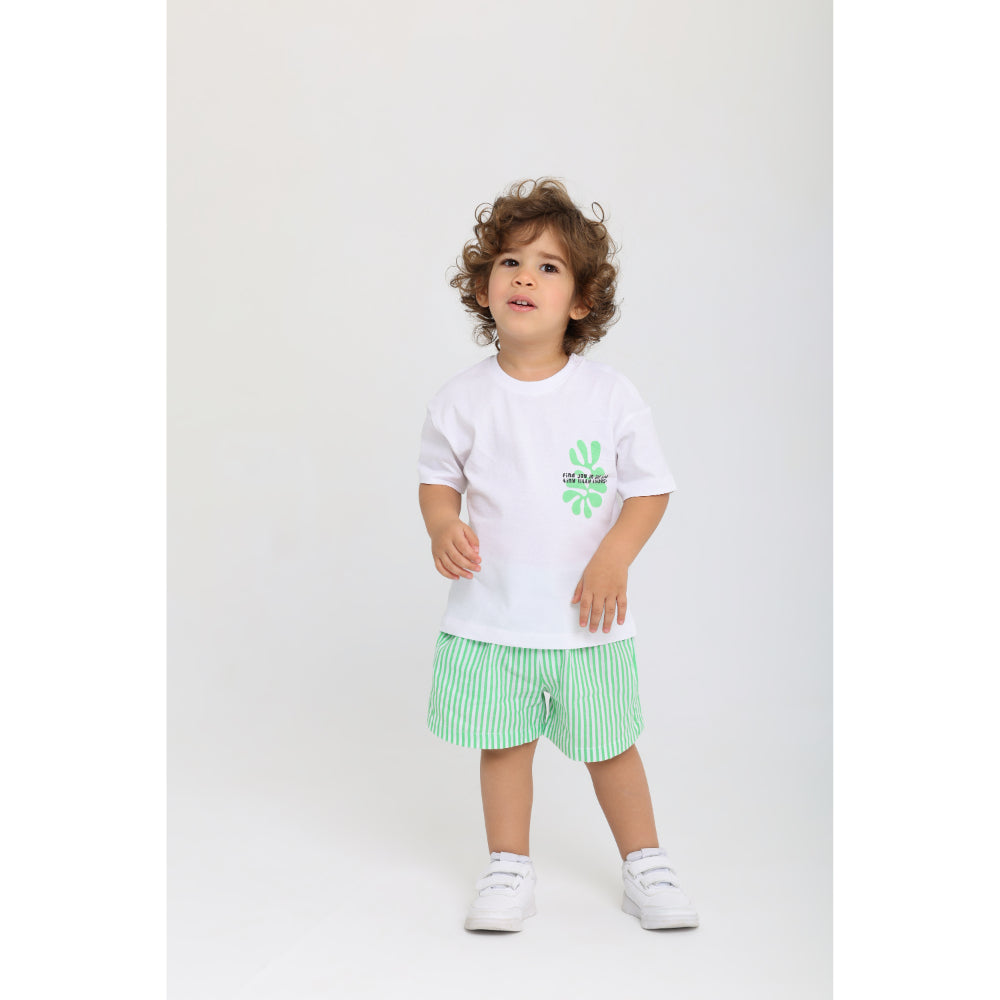 Baby Boys Cotton Outfit Set – White & Green with "Find Joy" Print