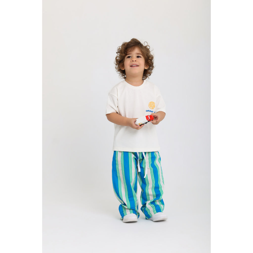 Unisex Kids Cotton Pants – Blue & Off-White