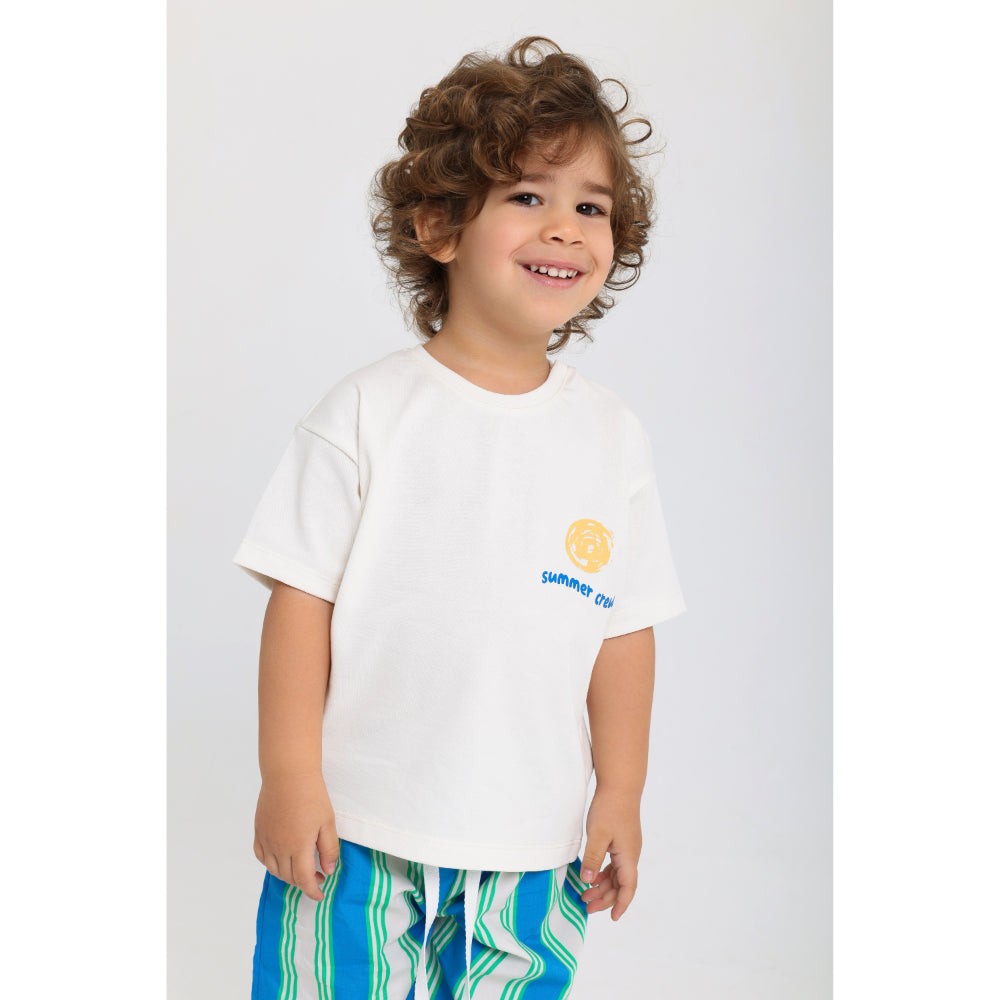 Unisex Baby Cotton T-Shirt – Off-White with "Summer Crew" Print