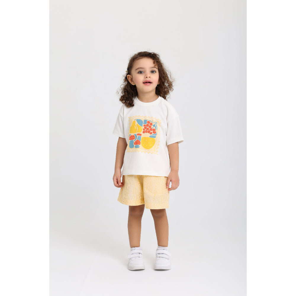 Unisex Baby Cotton Outfit Set – Off-White & Yellow Printed