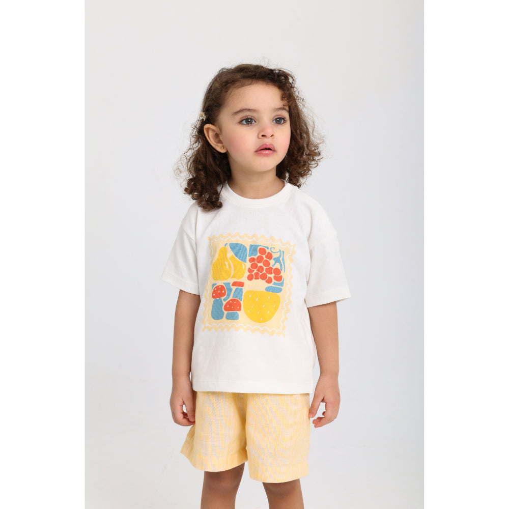 Unisex Baby Cotton Outfit Set – Off-White & Yellow Printed