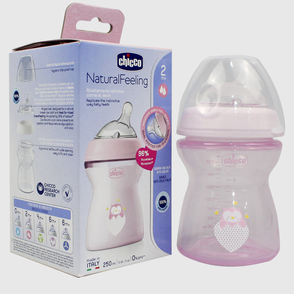 Pink Chicco Natural Filling Plastic Bottle 250 ml (2+ Months) - Ourkids - Chicco